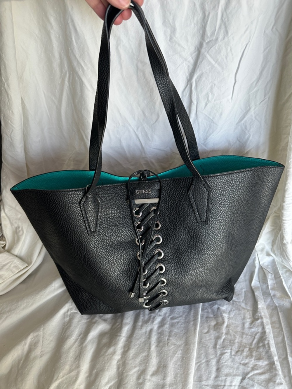 GUESS Black Tote with Teal Interior and Lace-Up Front